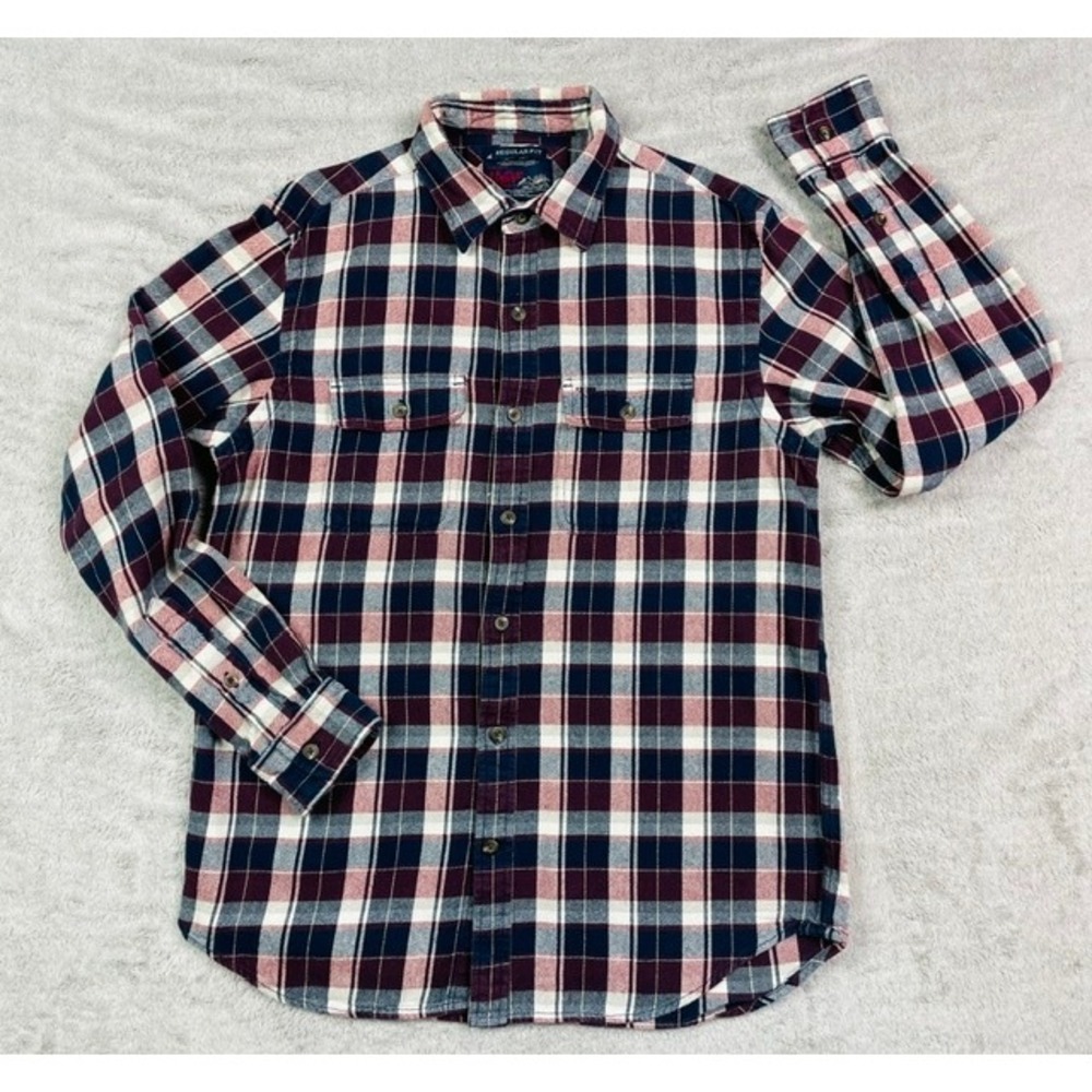 Old Navy Men's Medium Long Sleeve Flannel Shirt Maroon Navy Plaid Cotton Casual